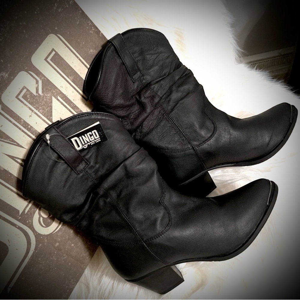 NWT Dingo Olivia Black Leather Slouch Western Boots Size 9 Cowboy Mid Shaft